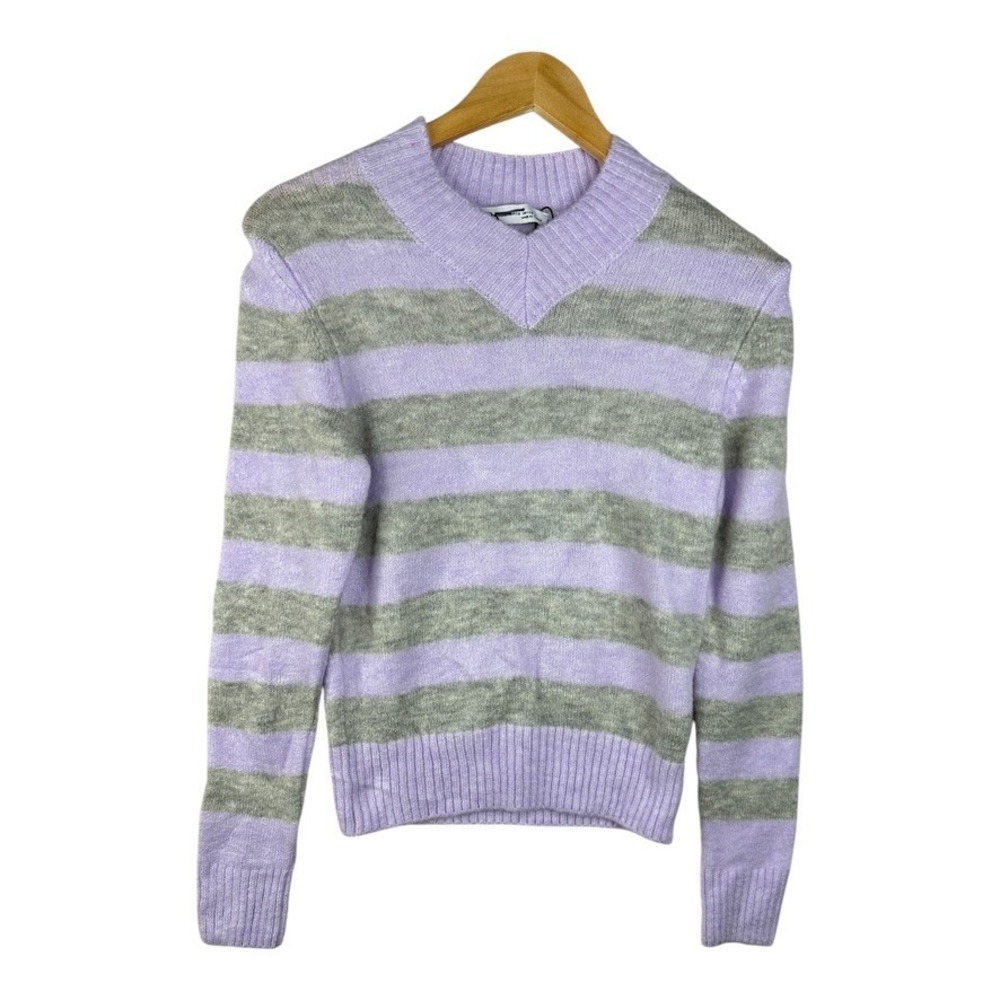 Zara Women's V Neck Knit Striped Gray Purple Sweater Size XS